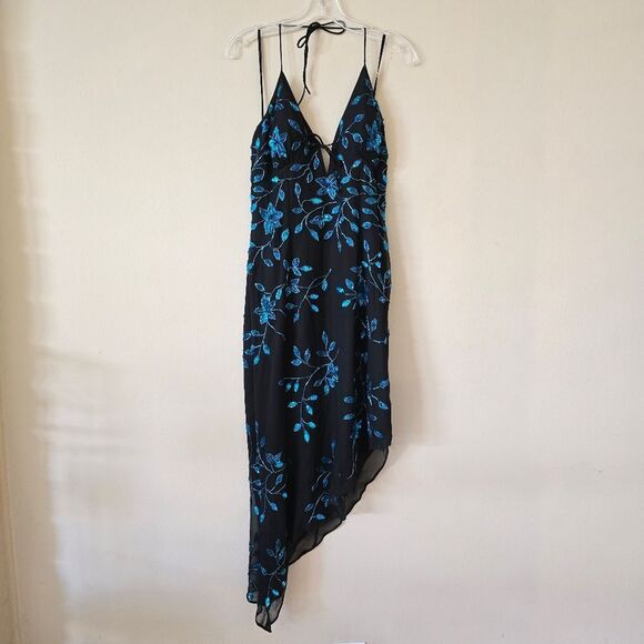 CACHE Vintage Asymmetrical Dress Embellished Glam Size Large Black Blue Y2K 90s - Picture 2 of 13
